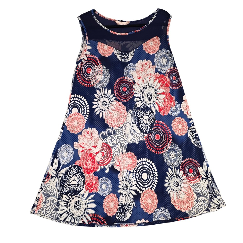 SJS Red White Blue Floral Mandala‎ Sleeveless Mesh Inset A-Line Dress Large